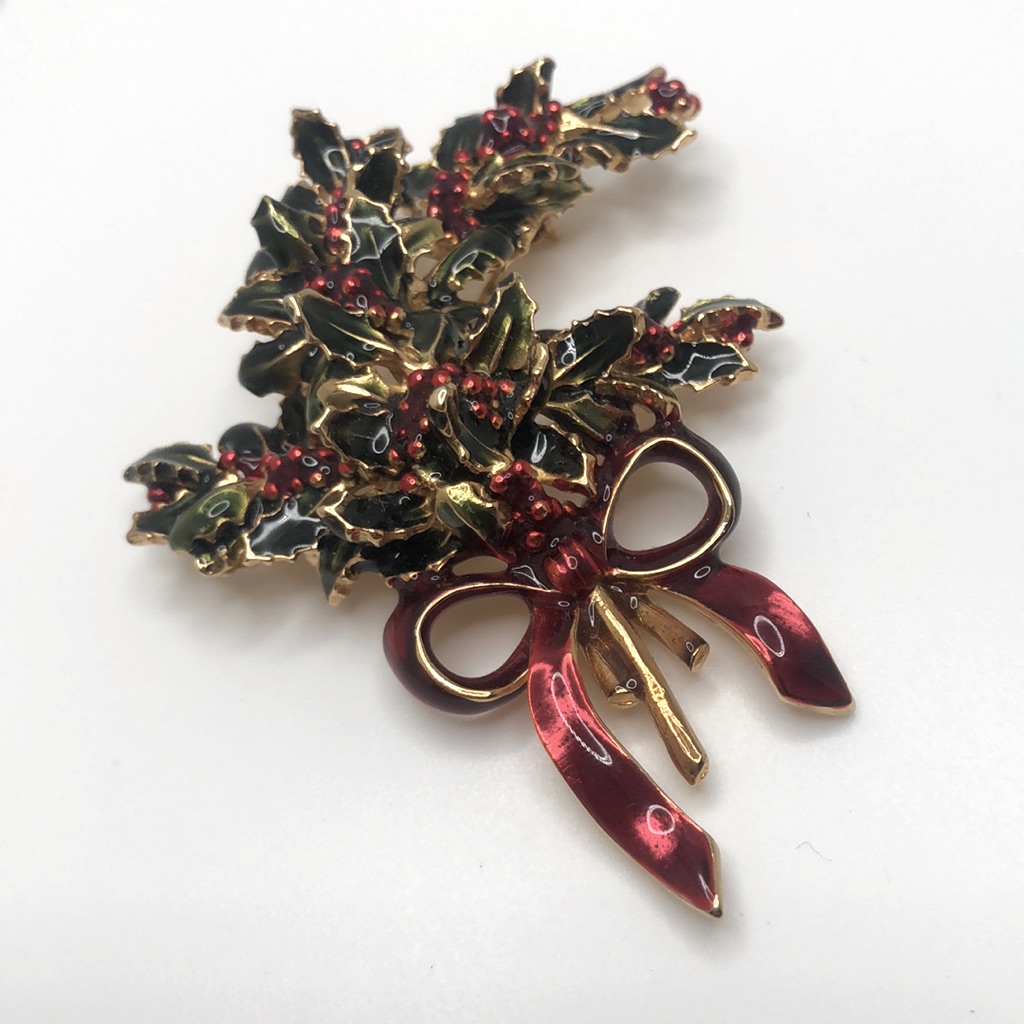 Mfa Stunning Gold Tone, Red, Green Enamel Holly Berry Bow Pin Brooch, Signed